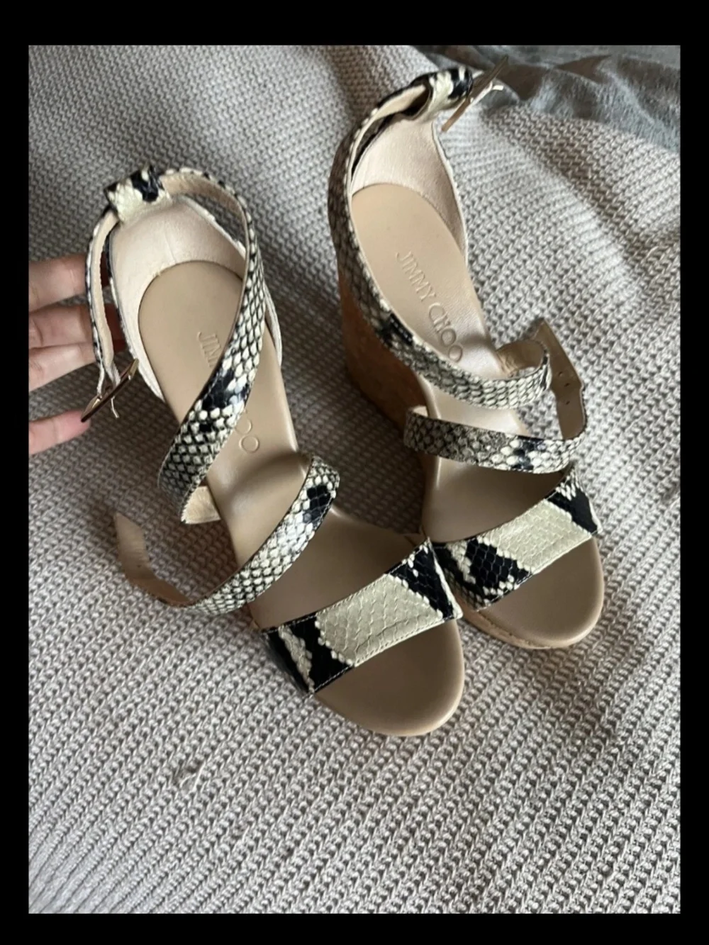 Jimmy Choo Portia Snake Embossed Cork Platform Wedges Size 37.5
